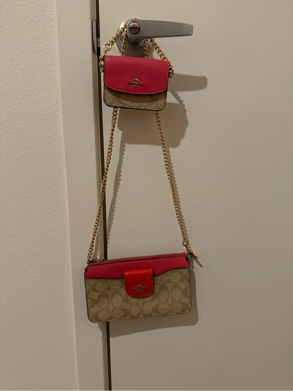 Coach Beige Signature Crossbody with Pink and Red Trim